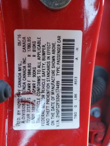 2HGFC2F53GH574499 - 2016 HONDA CIVIC LX RED photo 12