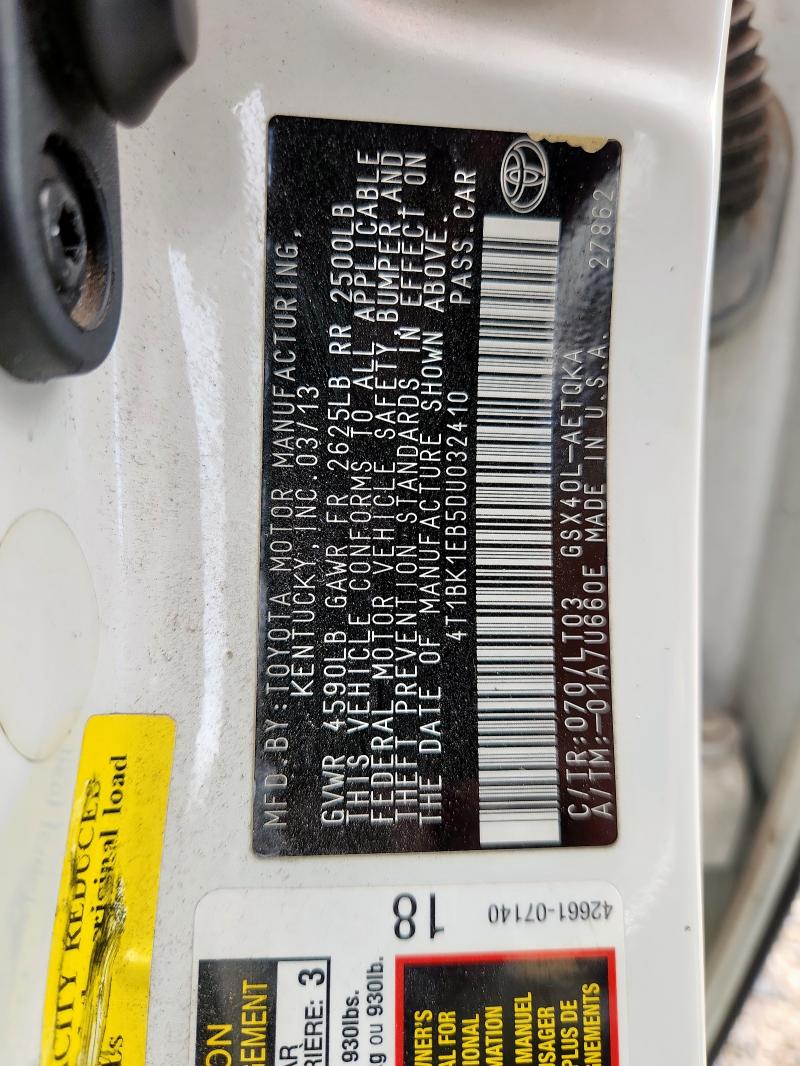 4T1BK1EB5DU032410 - 2013 TOYOTA AVALON BASE Blanco foto 12