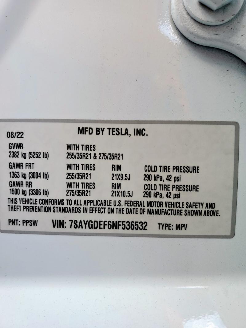 7SAYGDEF6NF536532 - 2022 TESLA MODEL Y თეთრი ფოტო 13