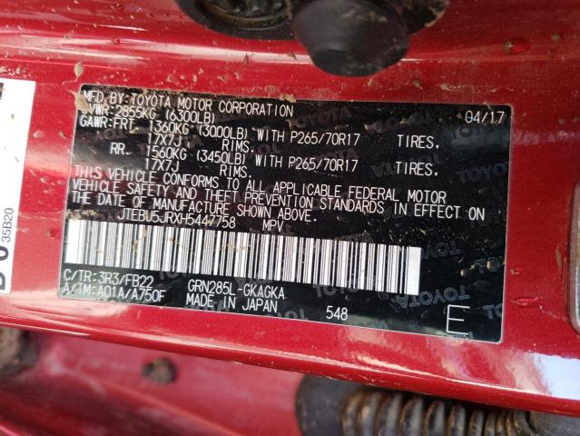 JTEBU5JRXH5447758 - 2017 TOYOTA 4RUNNER SR5/SR5 PREMIUM 红色 照片 12
