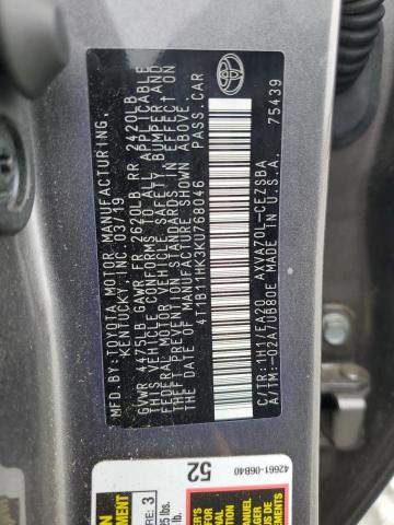 4T1B11HK3KU768046 - 2019 TOYOTA CAMRY L GRAY photo 12