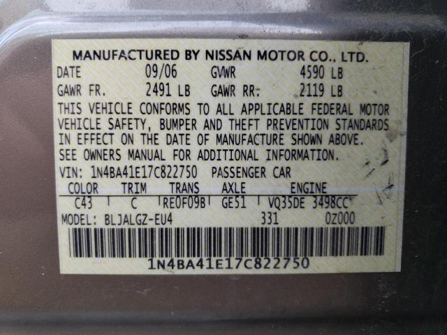 1N4BA41E17C822750 - 2007 NISSAN MAXIMA SE GRAY photo 13