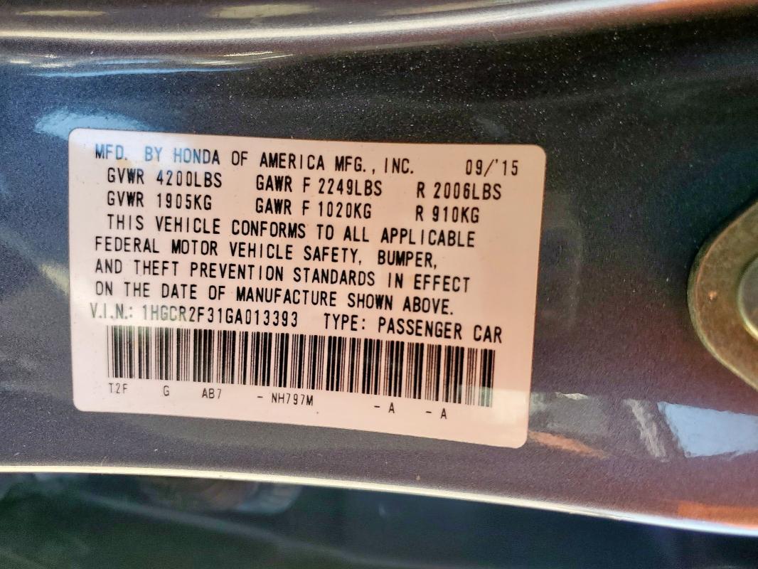 1HGCR2F31GA013393 - 2016 HONDA ACCORD LX 灰色 照片 13