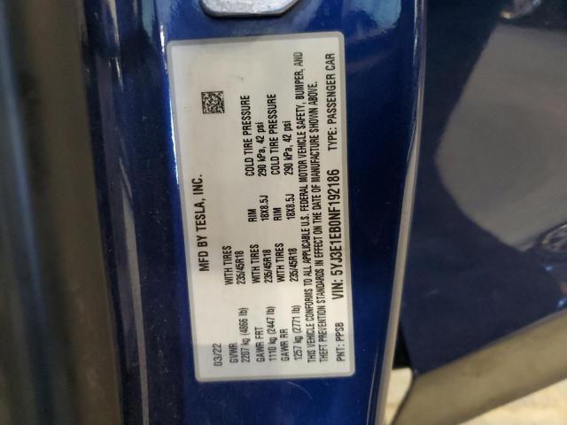 5YJ3E1EB0NF192186 - 2022 TESLA MODEL 3 Синий фото 12