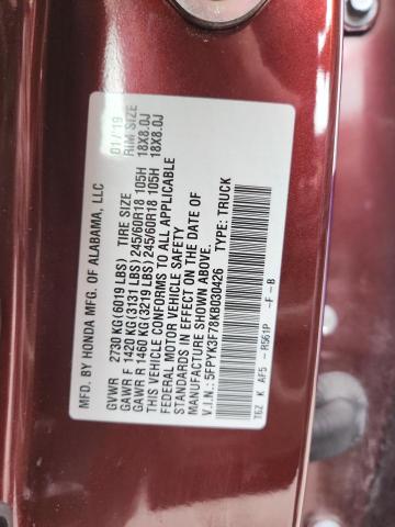 5FPYK3F78KB030426 - 2019 HONDA RIDGELINE RTL Bordeaux Foto 12
