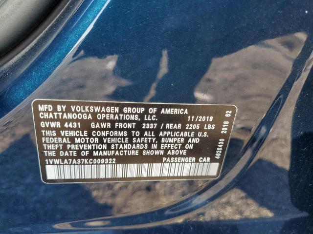 1VWLA7A37KC009322 - 2019 VOLKSWAGEN PASSAT WOLFSBURG 蓝色 照片 12