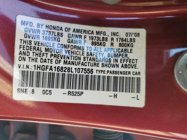 1HGFA16828L107556 - 2008 HONDA CIVIC EX MAROON photo 12