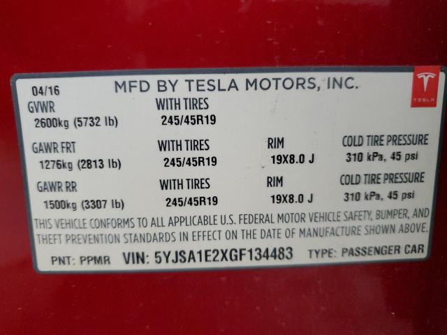 5YJSA1E2XGF134483 - 2016 TESLA MODEL S Կարմիր լուսանկար 12