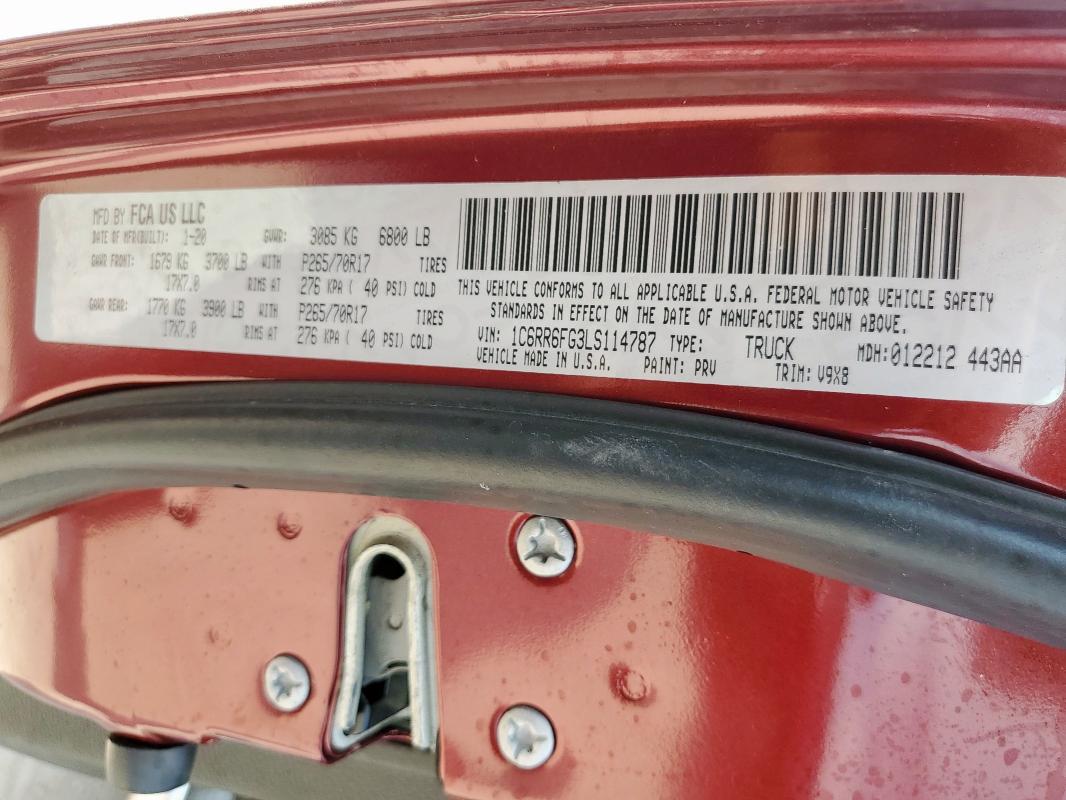 1C6RR6FG3LS114787 - 2020 RAM 1500 CLASS TRADESMAN Красный фото 12