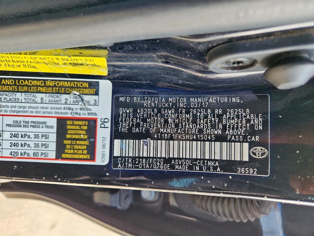 4T1BF1FK5HU415045 - 2017 TOYOTA CAMRY LE BLACK photo 13