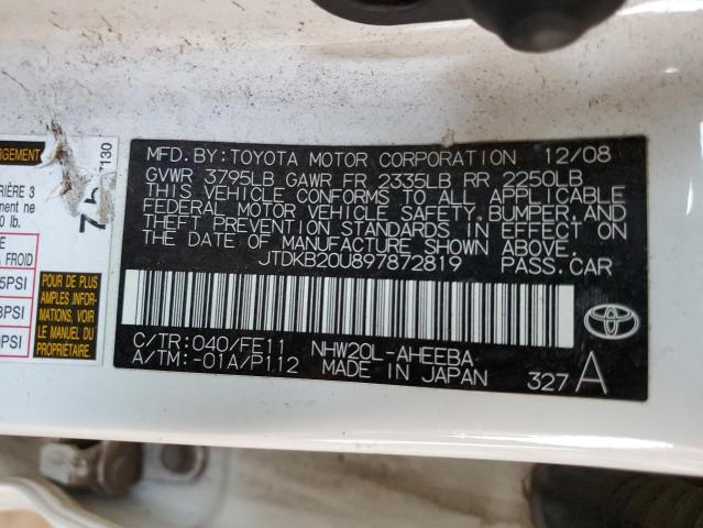 JTDKB20U897872819 - 2009 TOYOTA PRIUS WHITE photo 12