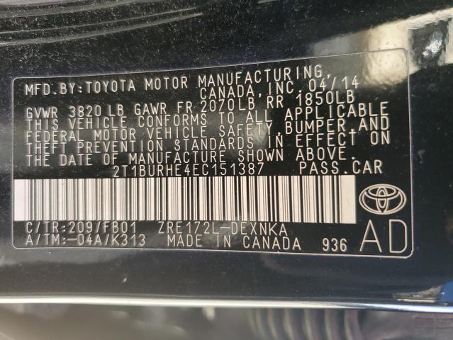2T1BURHE4EC151387 - 2014 TOYOTA COROLLA L BLACK photo 12