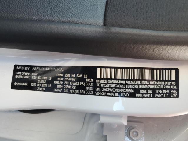 ZASPAKBN0N7D39394 - 2022 ALFA ROMEO STELVIO TI Սպիտակ լուսանկար 13