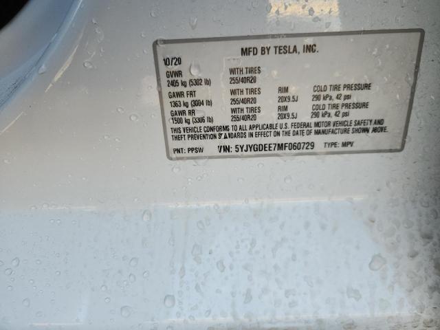 5YJYGDEE7MF060729 - 2021 TESLA MODEL Y თეთრი ფოტო 12