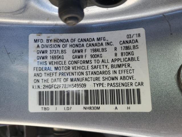 2HGFC2F78JH549509 - 2018 HONDA CIVIC EX SILVER photo 13