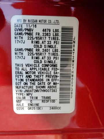 JN8AT2MV7HW007392 - 2017 NISSAN ROGUE S RED photo 13