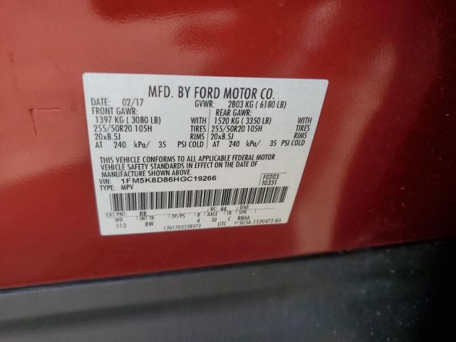 1FM5K8D86HGC19266 - 2017 FORD EXPLORER XLT RED photo 13