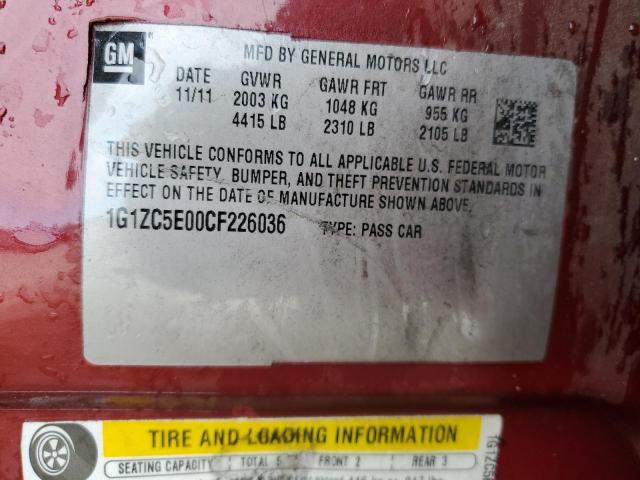 1G1ZC5E00CF226036 - 2012 CHEVROLET MALIBU 1LT Қызыл фото 12