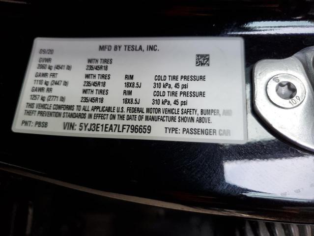 5YJ3E1EA7LF796659 - 2020 TESLA MODEL 3 BLACK photo 13