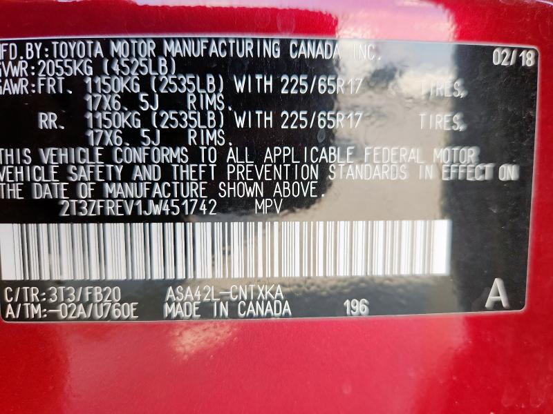 2T3ZFREV1JW451742 - 2018 TOYOTA RAV4 LE Czerwony zdjęcie 13