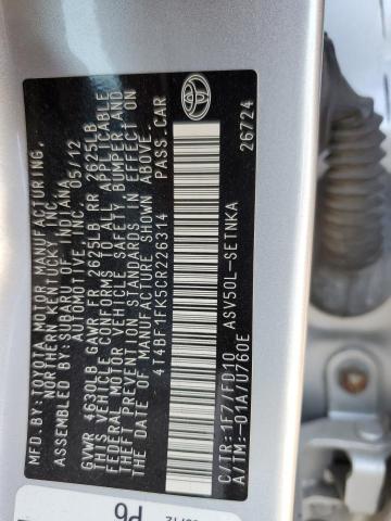 4T4BF1FK5CR226314 - 2012 TOYOTA CAMRY BASE SILVER photo 13
