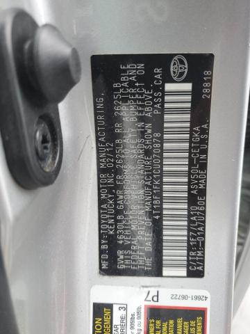 4T1BF1FK1CU070878 - 2012 TOYOTA CAMRY BASE SILVER photo 12
