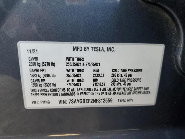 7SAYGDEF2NF312559 - 2022 TESLA MODEL Y 灰色 照片 12