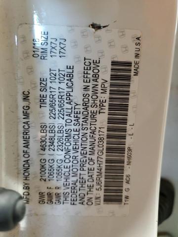 5J6RM4H77GL038171 - 2016 HONDA CR-V EXL WHITE photo 13