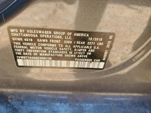 1VWBT7A33GC009136 - 2016 VOLKSWAGEN PASSAT SE CHARCOAL photo 12