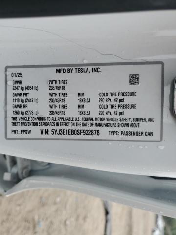 5YJ3E1EB0SF932878 - 2025 TESLA MODEL 3 WHITE photo 13