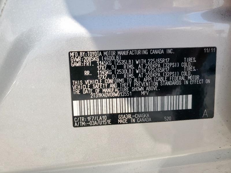 2T3YK4DV0BW013551 - 2011 TOYOTA RAV4 LIMITED ვერცხლისფერი ფოტო 13