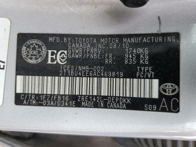 2T1BU4EE6AC469819 - 2010 TOYOTA COROLLA BASE 银色 照片 12