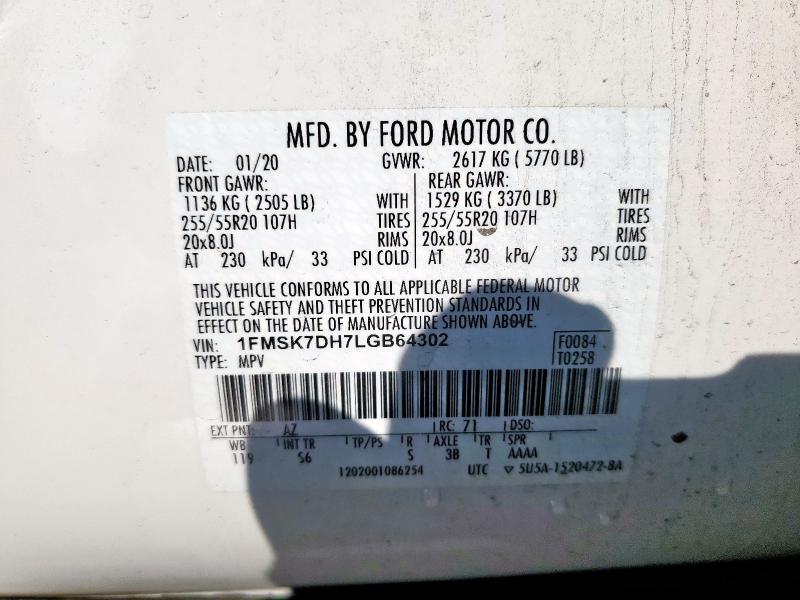 1FMSK7DH7LGB64302 - 2020 FORD EXPLORER XLT WHITE photo 13