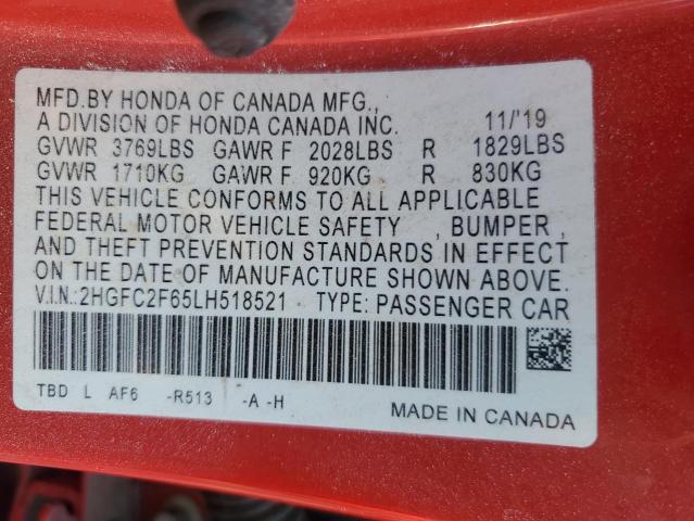 2HGFC2F65LH518521 - 2020 HONDA CIVIC LX წითელი ფოტო 12