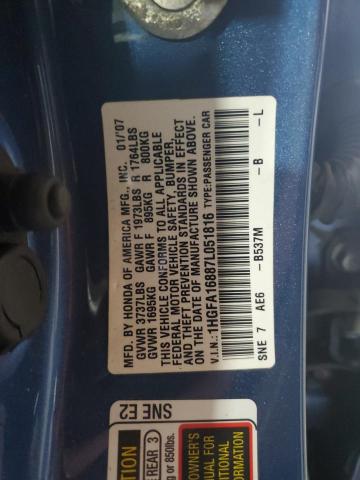 1HGFA16887L051816 - 2007 HONDA CIVIC EX BLUE photo 12