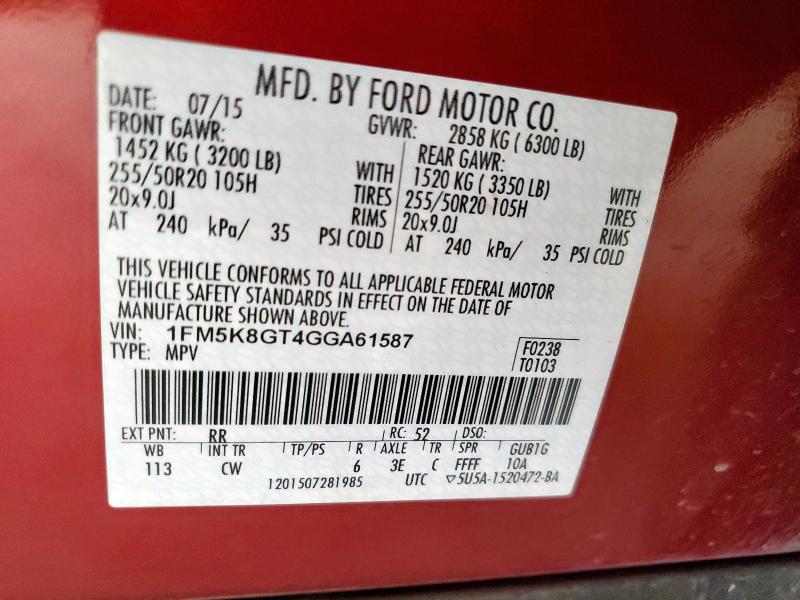 1FM5K8GT4GGA61587 - 2016 FORD EXPLORER SPORT RED photo 13