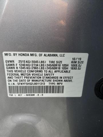 5FNYF5H52LB011313 - 2020 HONDA PILOT EXL 银色 照片 12