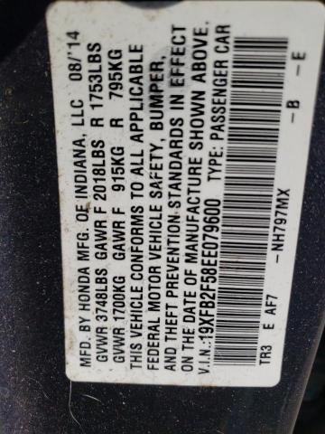 19XFB2F58EE079600 - 2014 HONDA CIVIC LX GRAY photo 12