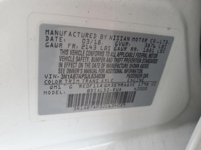 3N1AB7AP3JL634039 - 2018 NISS SENTRA S Ақ фото 12