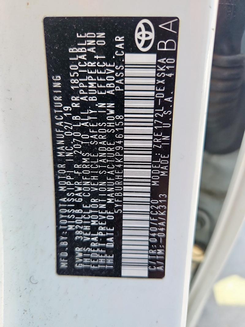 5YFBURHE4KP946158 - 2019 TOYOTA COROLLA L 白色 照片 13