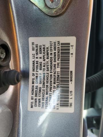 19XFC1F36LE209411 - 2020 HONDA CIVIC EX Արծաթագույն լուսանկար 12