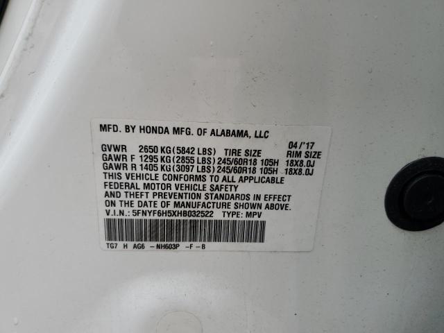 5FNYF6H5XHB032522 - 2017 HONDA PILOT EXL WHITE photo 13