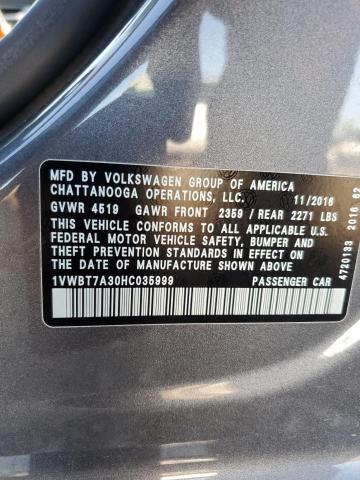 1VWBT7A30HC035999 - 2017 VOLKSWAGEN PASSAT SE ნაცრისფერი ფოტო 12