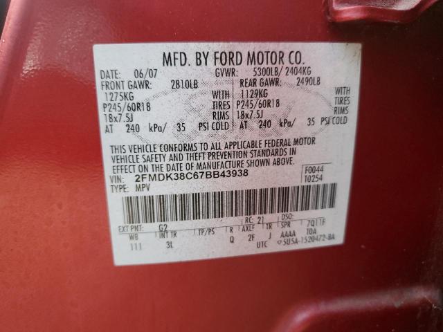 2FMDK38C67BB43938 - 2007 FORD EDGE SEL RED photo 12