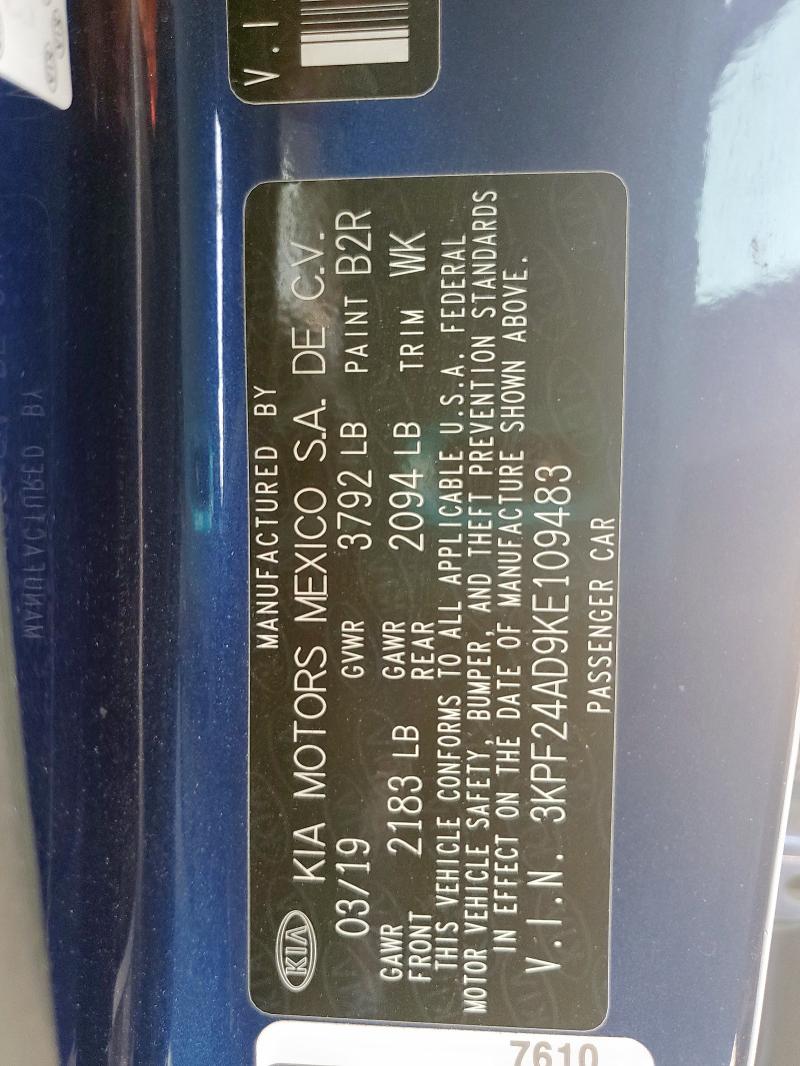 3KPF24AD9KE109483 - 2019 KIA FORTE FE ლურჯი ფოტო 13