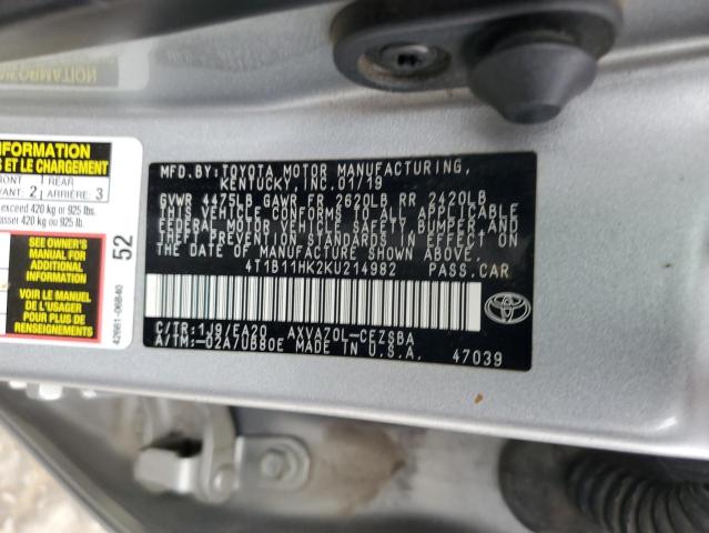 4T1B11HK2KU214982 - 2019 TOYOTA CAMRY L 银色 照片 13