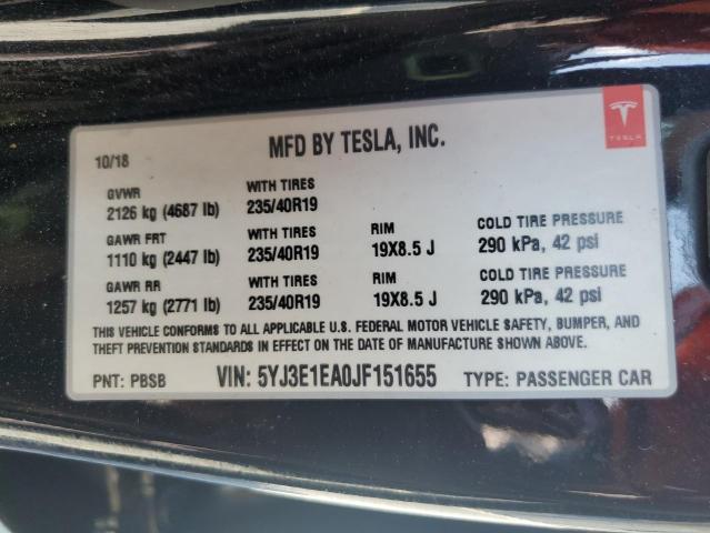 5YJ3E1EA0JF151655 - 2018 TESLA MODEL 3 黑色 照片 12