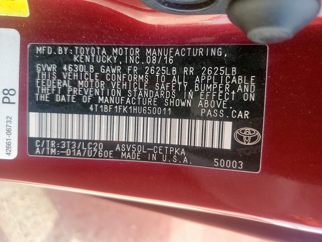 4T1BF1FK1HU650011 - 2017 TOYOTA CAMRY LE RED photo 12