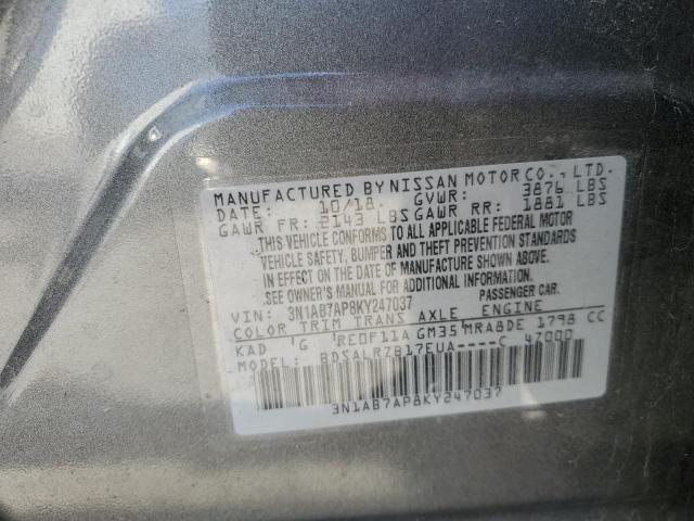 3N1AB7AP8KY247037 - 2019 NISSAN SENTRA S GRAY photo 12