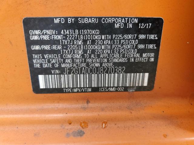 JF2GTADC0J8270382 - 2018 SUBARU CROSSTREK PREMIUM ORANGE photo 12